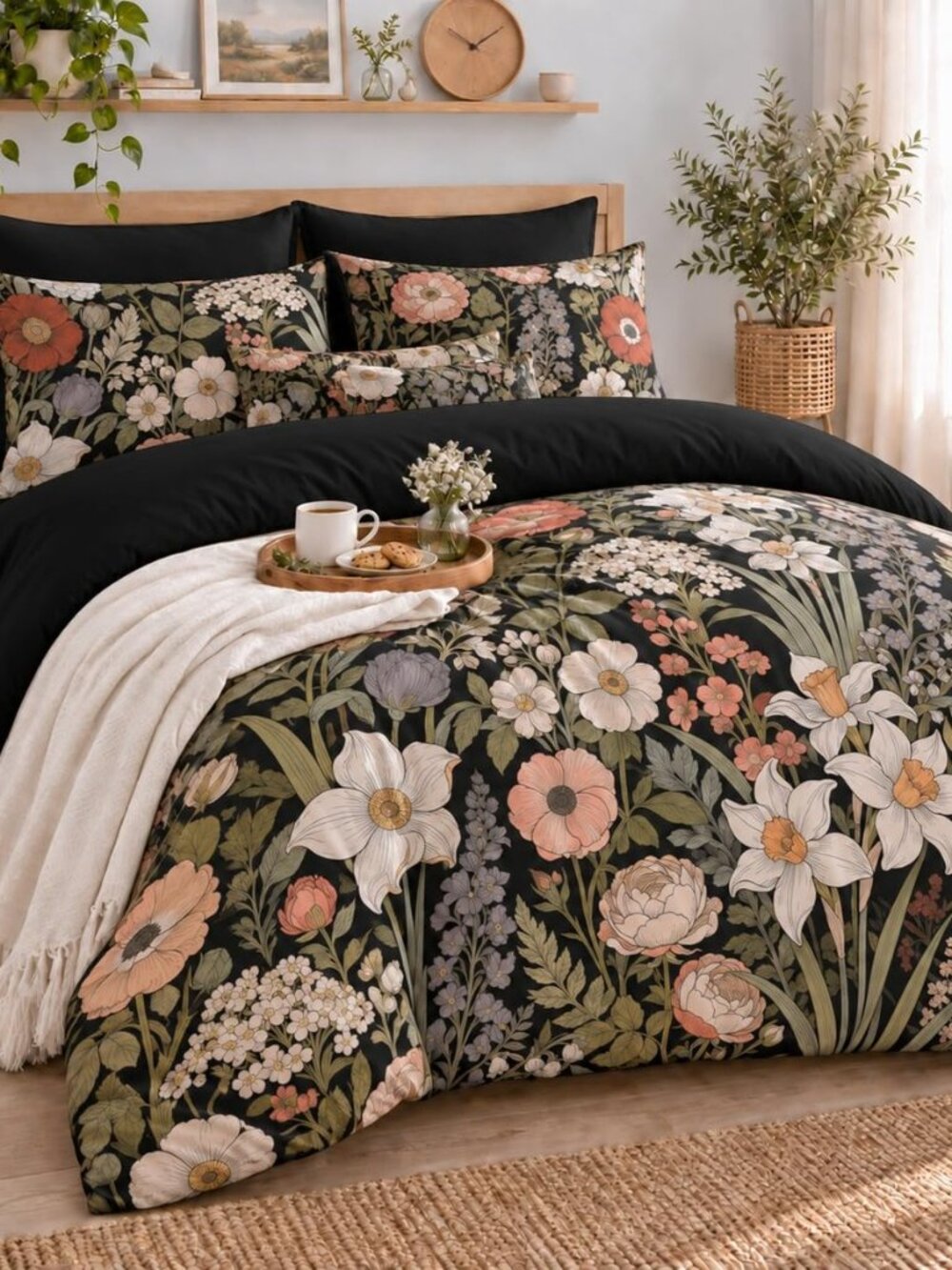 Black Floral Comforter Set Queen, Vintage Botanical Bedding